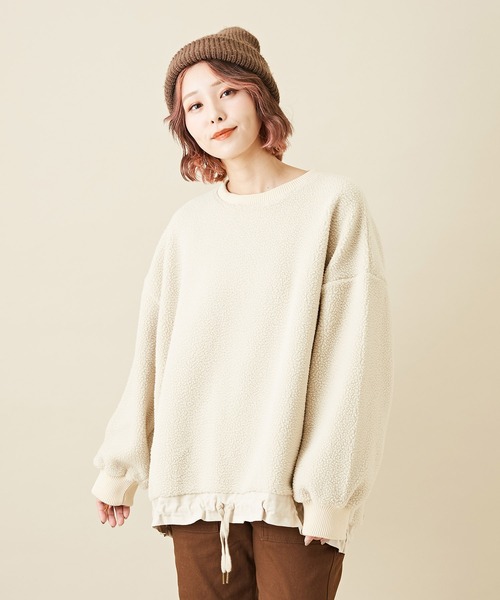 CUBE SUGAR(キューブシュガー)の「無地ボア裾切替ドロストプルオーバー(その他トップス・レディース・ピンク/アイボリー/チャコールグレー・M)」の2枚目の写真