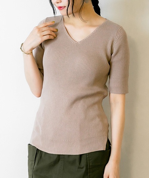 atONE(アットワン)の「atONE 5分袖コットンリブニットトップス(ニット/セーター・レディース・グレイッシュベージュ/ホワイト/ブラック・S/M/L/LL/3L)」の3枚目の写真
