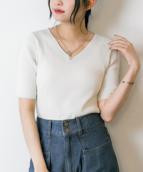 atONE(アットワン)の「atONE 5分袖コットンリブニットトップス(ニット/セーター・レディース・グレイッシュベージュ/ホワイト/ブラック・S/M/L/LL/3L)」の22枚目の写真