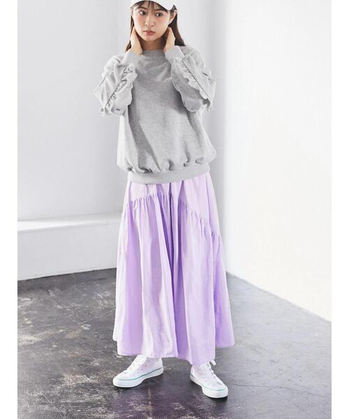 earth music&ecology（アースミュージックアンドエコロジー）の「オーバル切替ティアードスカート（スカート・レディース・ライトカーキ/ライトパープル/オフホワイト/ブラック・FREE）」の4枚目の写真