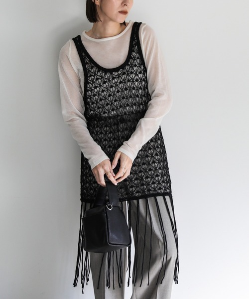 select MOCA(セレクトモカ)の「透かし編みフリンジレイヤードワンピース(ワンピース・レディース・アイボリー/カーキ/ブラック・FREE)」の3枚目の写真