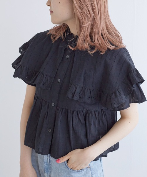 w closet（ダブルクローゼット）の「スタンドカラーコットンフリルブラウス（シャツ/ブラウス・レディース・オフホワイト/ミント/ブラック/オレンジ・FREE）」の2枚目の写真