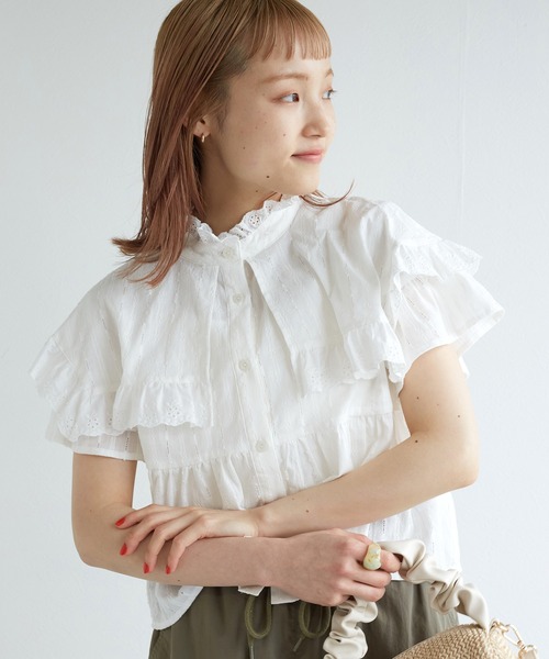 w closet（ダブルクローゼット）の「スタンドカラーコットンフリルブラウス（シャツ/ブラウス・レディース・オフホワイト/ミント/ブラック/オレンジ・FREE）」の14枚目の写真