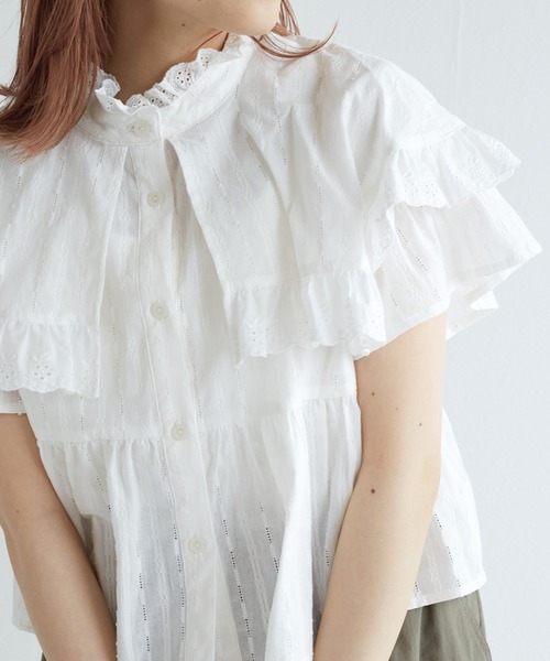 w closet（ダブルクローゼット）の「スタンドカラーコットンフリルブラウス（シャツ/ブラウス・レディース・オフホワイト/ミント/ブラック/オレンジ・FREE）」の12枚目の写真