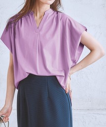 【ひんやり接触冷感】シルケット加工フレンチスリーブキーネックカットソートップス(脇シェード付)