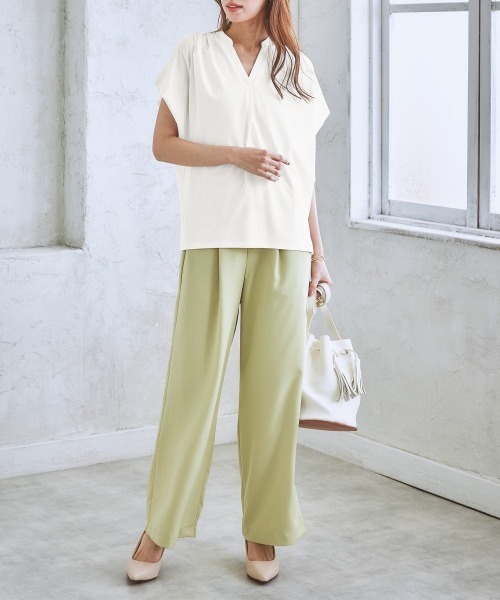 7days Life Styling（セブンデイズライフスタイリング）の「【ひんやり接触冷感】シルケット加工フレンチスリーブキーネックカットソートップス（脇シェード付）（Tシャツ/カットソー・レディース・ネイビー/ミント/オフホワイト/ライトベージュ/ラベンダー・L/LL/M/3L/S）」の20枚目の写真