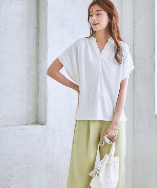 7days Life Styling（セブンデイズライフスタイリング）の「【ひんやり接触冷感】シルケット加工フレンチスリーブキーネックカットソートップス（脇シェード付）（Tシャツ/カットソー・レディース・ネイビー/ミント/オフホワイト/ライトベージュ/ラベンダー・L/LL/M/3L/S）」の13枚目の写真