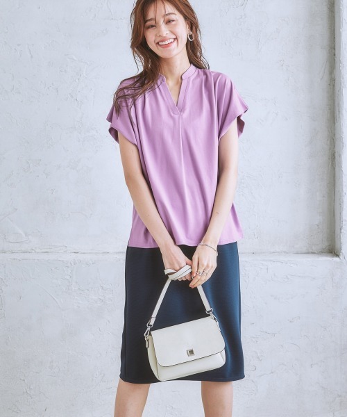 7days Life Styling（セブンデイズライフスタイリング）の「【ひんやり接触冷感】シルケット加工フレンチスリーブキーネックカットソートップス（脇シェード付）（Tシャツ/カットソー・レディース・ネイビー/ミント/オフホワイト/ライトベージュ/ラベンダー・L/LL/M/3L/S）」の15枚目の写真