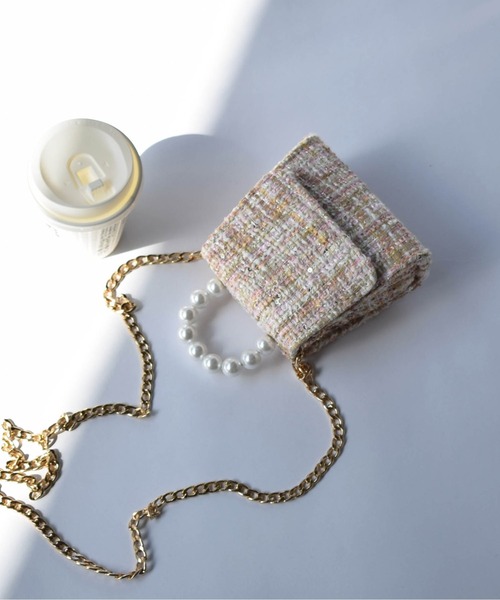 PICCIN(ピッチン)の「パールハンドルツイードミニバッグ(ショルダーバッグ・レディース・ピンク/ベージュ/ブラック・FREE)」の3枚目の写真