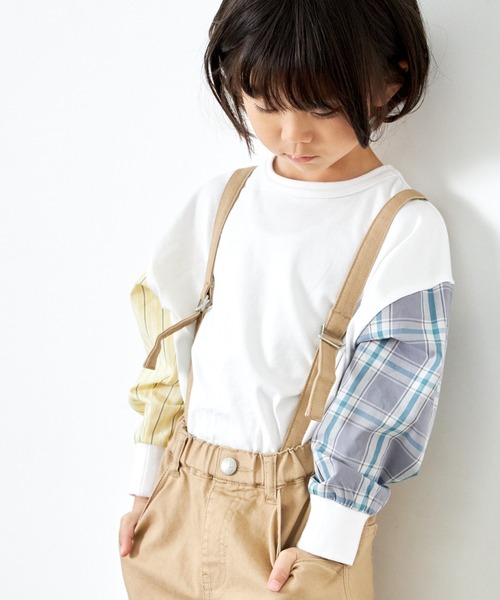 MAKE YOUR DAY（メイクユアデイ）の「チェックとストライプの袖の長袖Tシャツ■80～140cm（Tシャツ/カットソー・キッズ・グレー/オフホワイト・100/80/110/120/90/140/130）」の2枚目の写真