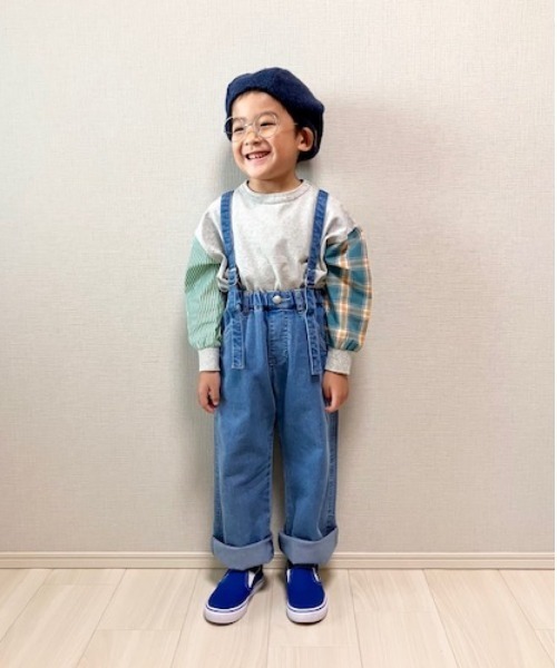 MAKE YOUR DAY（メイクユアデイ）の「チェックとストライプの袖の長袖Tシャツ■80～140cm（Tシャツ/カットソー・キッズ・グレー/オフホワイト・100/80/110/120/90/140/130）」の5枚目の写真