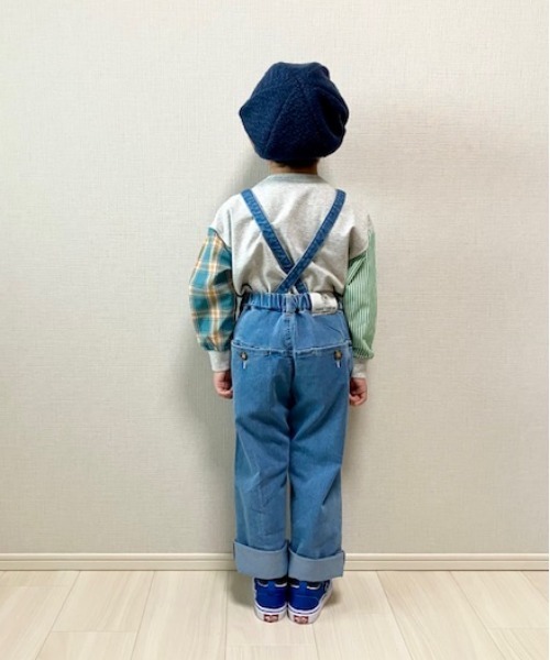 MAKE YOUR DAY（メイクユアデイ）の「チェックとストライプの袖の長袖Tシャツ■80～140cm（Tシャツ/カットソー・キッズ・グレー/オフホワイト・100/80/110/120/90/140/130）」の6枚目の写真