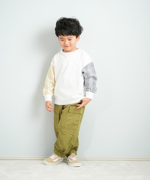 MAKE YOUR DAY（メイクユアデイ）の「チェックとストライプの袖の長袖Tシャツ■80～140cm（Tシャツ/カットソー・キッズ・グレー/オフホワイト・100/80/110/120/90/140/130）」の3枚目の写真