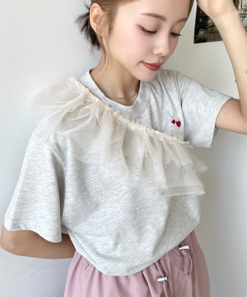 セール】ワンポイントハート刺繍チュールマルチフリル付き半袖T