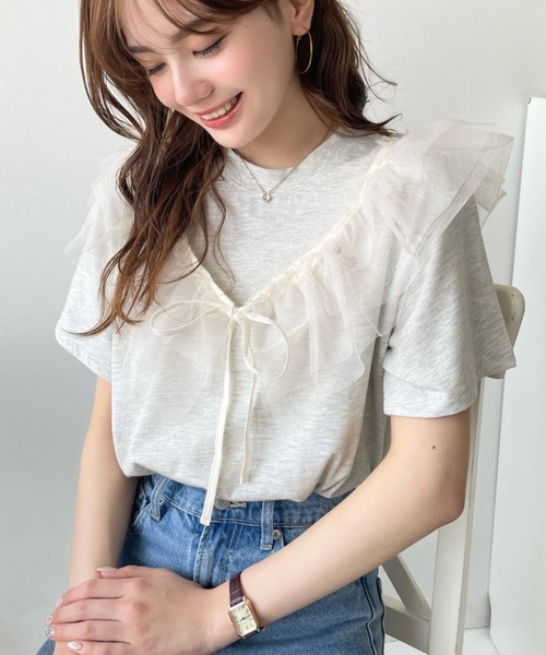 ◆PRADA◆レーストリム コットンチュールTシャツ ナチュラル ◇PRADA◇レーストリム コットンチュールTシャツ ナチュラル