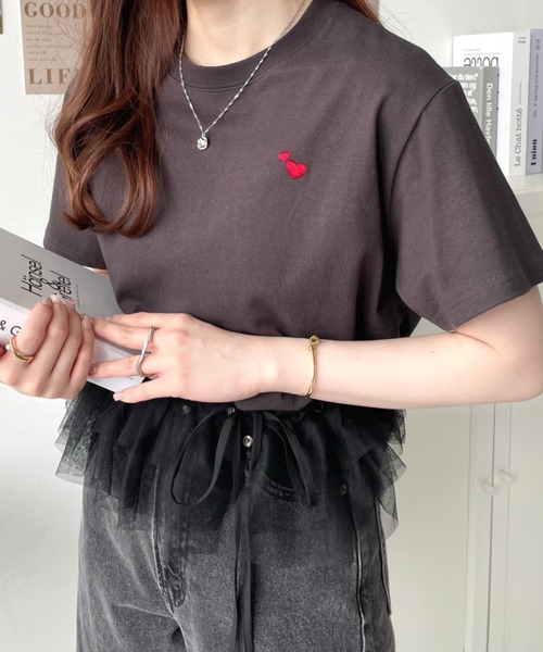 セール】ワンポイントハート刺繍チュールマルチフリル付き半袖Tシャツ