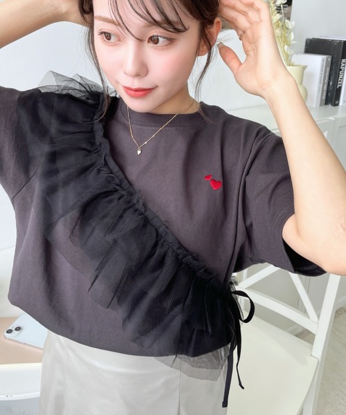 セール】ワンポイントハート刺繍チュールマルチフリル付き半袖Tシャツ