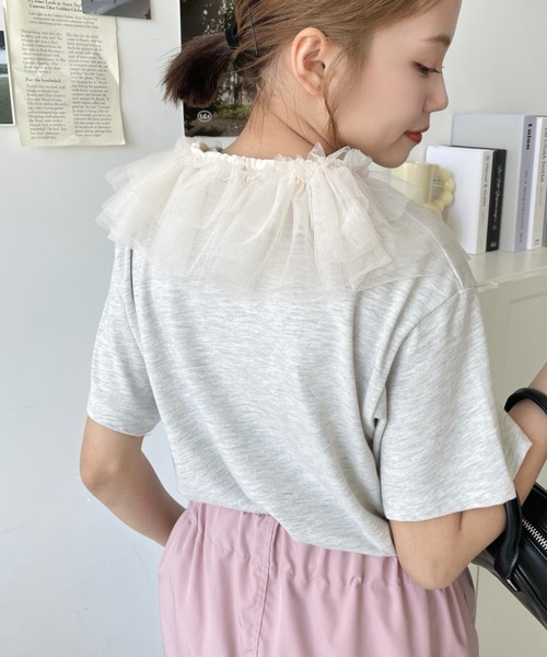 セール】ワンポイントハート刺繍チュールマルチフリル付き半袖Tシャツ