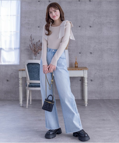 clear(クリア)の「ショルダービックリボンリブニットトップス≪2024SS新作≫(ニット/セーター・レディース・ブラック/ベージュ/オフホワイト/ピンク・F)」の14枚目の写真