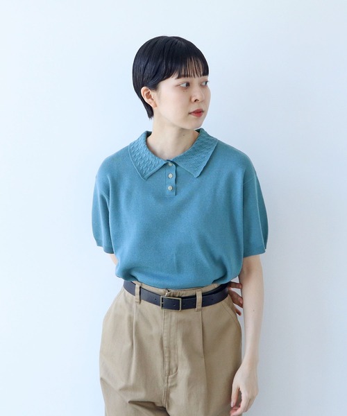 PAR ICI(パーリッシィ)の「【WEB別注カラー】強撚綿 ケーブル襟ポロシャツ(ポロシャツ・レディース・サックスブルー/ダークブラウン/アイボリー/ピンク/ネイビー/オレンジ/ブルー・FREE)」の5枚目の写真