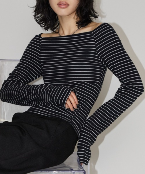Aunt Marie's(アントマリーズ)の「オフショルボーダーロングスリーブトップス(Tシャツ/カットソー・レディース・グレー/ブラック・FREE)」の2枚目の写真