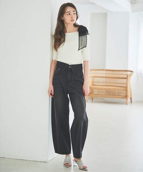 31 Sons de mode（トランテアン　ソン　ドゥ　モード）の「リボン付きオフショルリブニット（ニット/セーター・レディース・ブラック/ライトグリーン/イエロー/オフホワイト・36）」の7枚目の写真