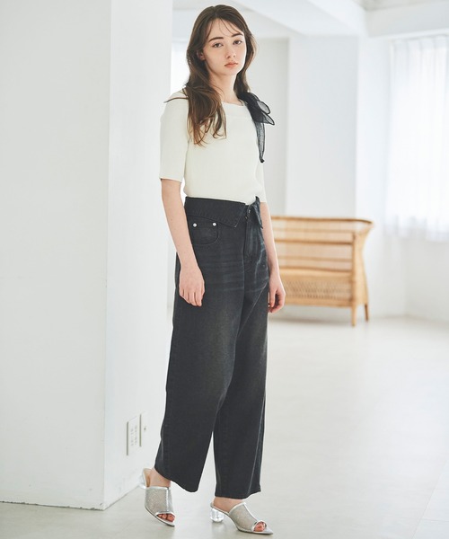 31 Sons de mode（トランテアン　ソン　ドゥ　モード）の「リボン付きオフショルリブニット（ニット/セーター・レディース・ブラック/ライトグリーン/イエロー/オフホワイト・36）」の8枚目の写真