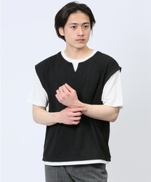 TAKA-Q | タカキュー さまになる フェイクレイヤード キーネック半袖Tシャツ(Tシャツ/カットソー)