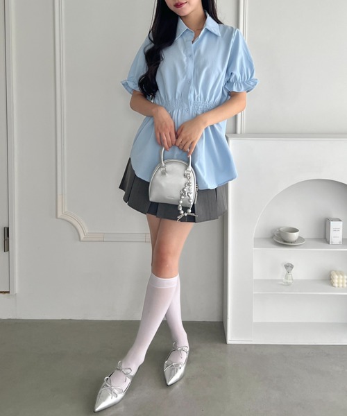 Loueme(ルエム)の「ウエストギャザーチュニックシャツワンピース(シャツワンピース・レディース・ブラック/アイボリー/ライトブルー・FREE)」の17枚目の写真