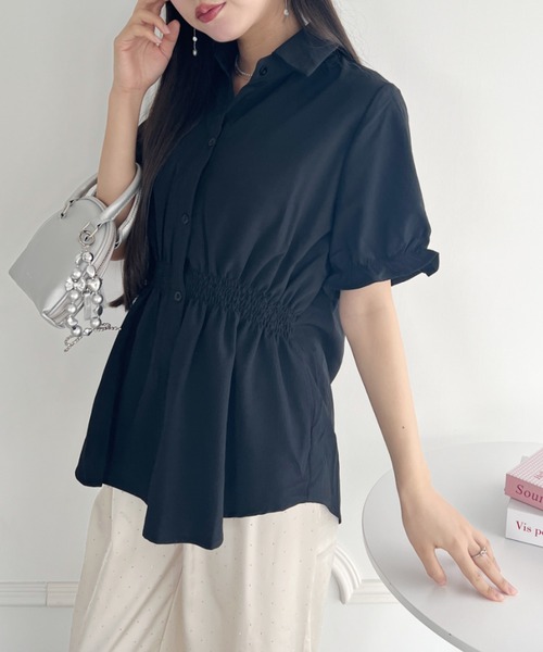 Loueme(ルエム)の「ウエストギャザーチュニックシャツワンピース(シャツワンピース・レディース・ブラック/アイボリー/ライトブルー・FREE)」の11枚目の写真