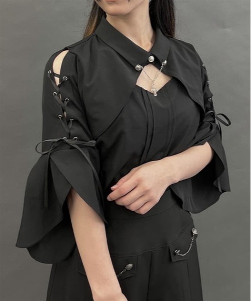 axes femme POETIQUE（アクシーズファムポエティック）の「クロスチャーム付フレア袖ブラウス（シャツ/ブラウス・レディース・キナリ/ブラック/ブルーグリーン・M）」の3枚目の写真