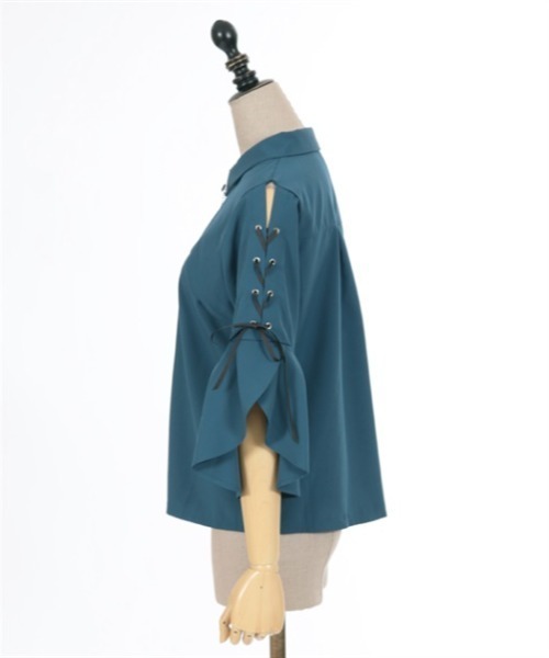 axes femme POETIQUE（アクシーズファムポエティック）の「クロスチャーム付フレア袖ブラウス（シャツ/ブラウス・レディース・キナリ/ブラック/ブルーグリーン・M）」の8枚目の写真