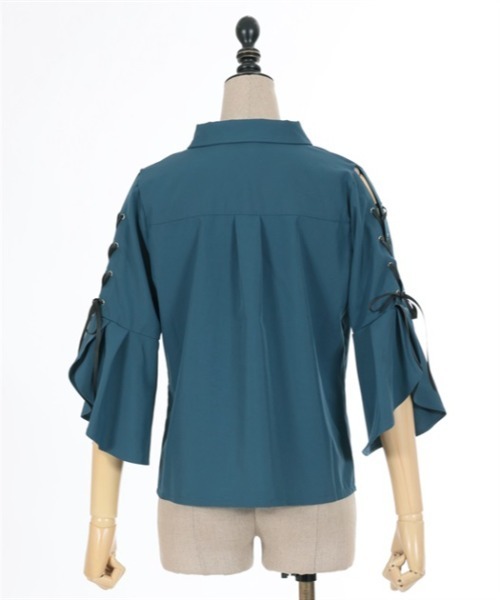 axes femme POETIQUE（アクシーズファムポエティック）の「クロスチャーム付フレア袖ブラウス（シャツ/ブラウス・レディース・キナリ/ブラック/ブルーグリーン・M）」の7枚目の写真