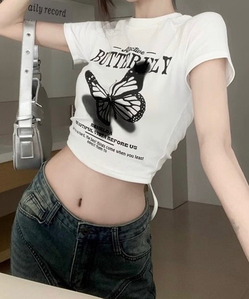セール】Tシャツ 半袖 バタフライプリント ショート丈 チビT（T