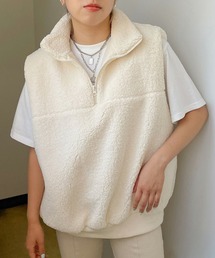 《ボア×ハーフZIP》レディース ボアスタンドベスト 体型カバー ゆるシルエット 秋冬