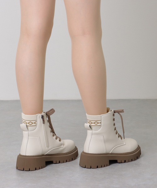 セール】幾何学柄 レースアップ トラック リブ ショートブーツ（ブーツ