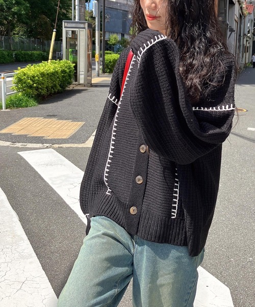 AS KNOW AS plus（アズノゥアズプラス）の「◇ハンドステッチ ビッグカラーニットカーディガン（カーディガン/ボレロ・レディース・アイボリー系/サックスブルー系/ブラック系/ブラウン系/カーキ系・FREE）」の15枚目の写真