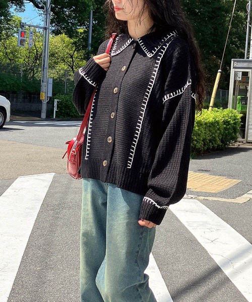 AS KNOW AS plus（アズノゥアズプラス）の「◇ハンドステッチ ビッグカラーニットカーディガン（カーディガン/ボレロ・レディース・アイボリー系/サックスブルー系/ブラック系/ブラウン系/カーキ系・FREE）」の16枚目の写真