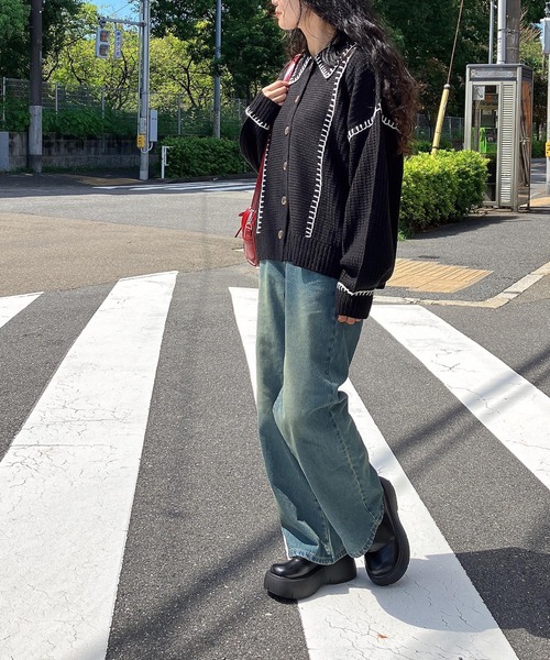 AS KNOW AS plus（アズノゥアズプラス）の「◇ハンドステッチ ビッグカラーニットカーディガン（カーディガン/ボレロ・レディース・アイボリー系/サックスブルー系/ブラック系/ブラウン系/カーキ系・FREE）」の17枚目の写真