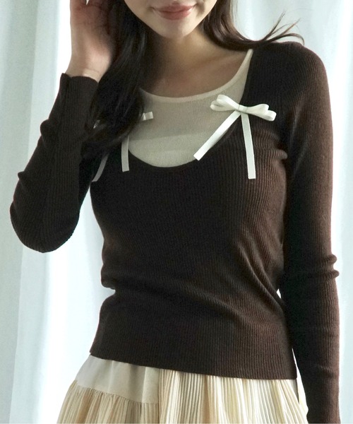 Jasmine Grandiflorum(ジャスミングランディフローラム)の「【Jasmine】リボンニットトップス(ニット/セーター・レディース・ベージュ/ブラウン/グリーン/ピンク/ブラック・FREE)」の2枚目の写真