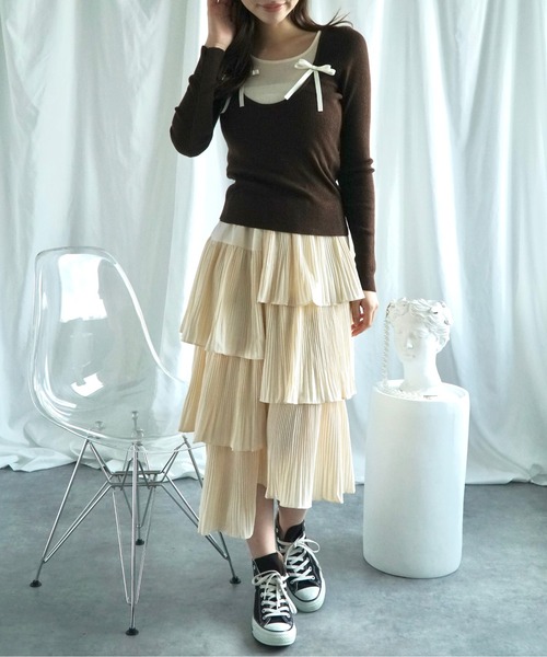 Jasmine Grandiflorum(ジャスミングランディフローラム)の「【Jasmine】リボンニットトップス(ニット/セーター・レディース・ベージュ/ブラウン/グリーン/ピンク/ブラック・FREE)」の14枚目の写真