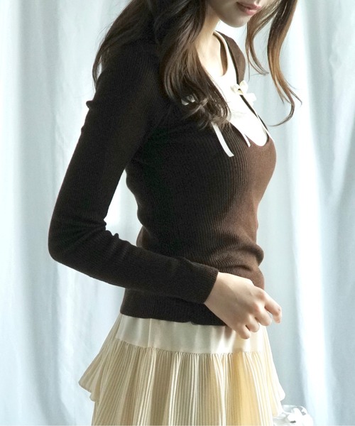 Jasmine Grandiflorum(ジャスミングランディフローラム)の「【Jasmine】リボンニットトップス(ニット/セーター・レディース・ベージュ/ブラウン/グリーン/ピンク/ブラック・FREE)」の21枚目の写真