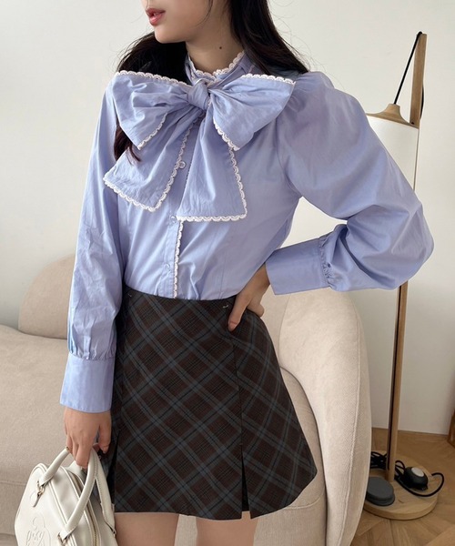 one after another NICE CLAUP(ワンアフターアナザーナイスクラップ)の「ピコレースボウタイブラウス(シャツ/ブラウス・レディース・ブラック/グレー系その他/サックスブルー/オフホワイト・FREE)」の14枚目の写真