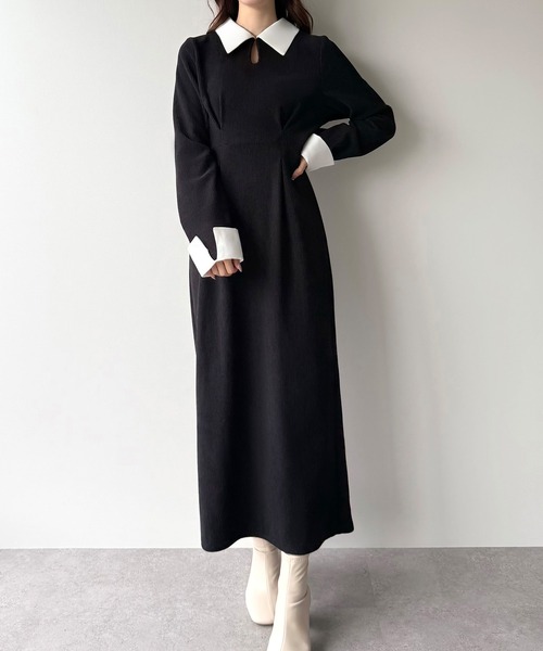 junoah(ジュノア)の「バイカラーコーデュロイタイトワンピース(ワンピース・レディース・グレイッシュベージュ/ブラック/チャコール/ブラック系その他/ブラウン・X-LARGE/LARGE/MEDIUM)」の7枚目の写真