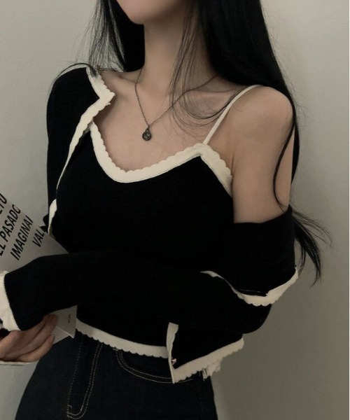 gossip!ロサンゼルス(ゴシップロサンゼルス)の「Y2K 配色スカラップニットキャミソール&カーディガンSET(Tシャツ/カットソー・レディース・オフホワイト/ブラック・FREE)」の9枚目の写真