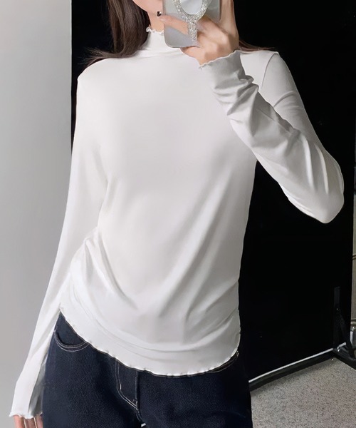 LOWO(ロワ)の「メロウハイネックカットソー(Tシャツ/カットソー・レディース・ホワイト/チャコールグレー/ライトグレー/ブラック/ベージュ/テラコッタ・FREE)」の3枚目の写真