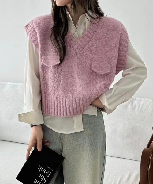 emi+（エミプラス）の「Vネックニットベスト（ベスト・レディース・杢グレー/グレー/ピンク/ブルー/モカ・FREE）」の12枚目の写真