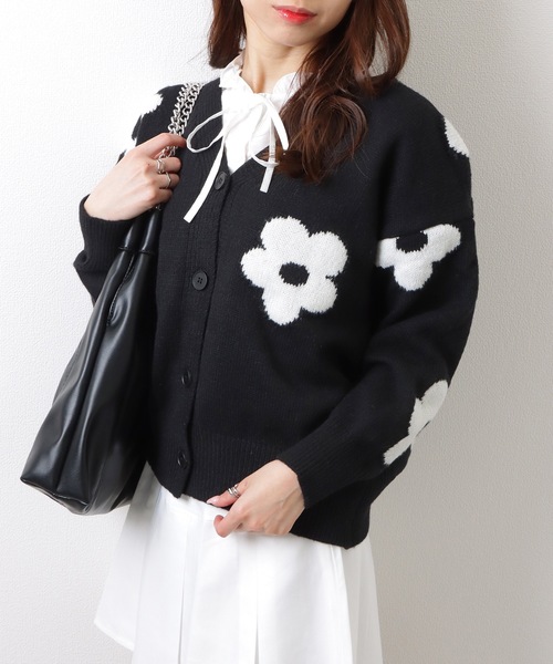 セール】配色 花柄 Vネック ニット カーディガン（カーディガン/ボレロ