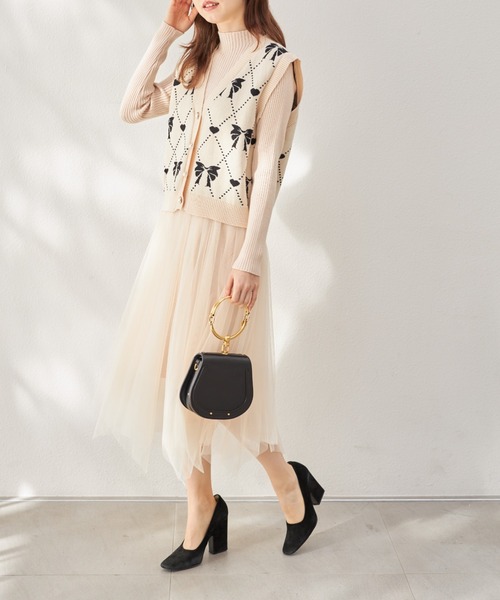 tocco closet(トッコ クローゼット)の「ハートリボンニットベスト×リブニットチュールワンピースSET(ワンピース・レディース・ブラック/アイボリー・M)」の4枚目の写真
