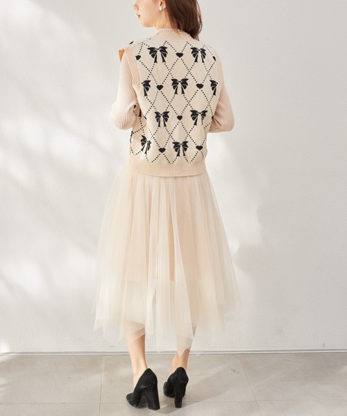 tocco closet(トッコ クローゼット)の「ハートリボンニットベスト×リブニットチュールワンピースSET(ワンピース・レディース・ブラック/アイボリー・M)」の6枚目の写真